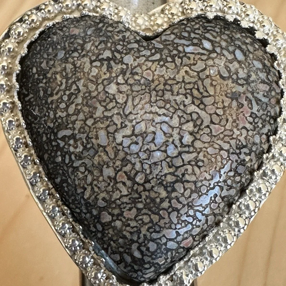 Artisan Heart Ring 8.75 Adjust Fossil Dino Gembone 925 Sterling‎ 27.8g USA Made